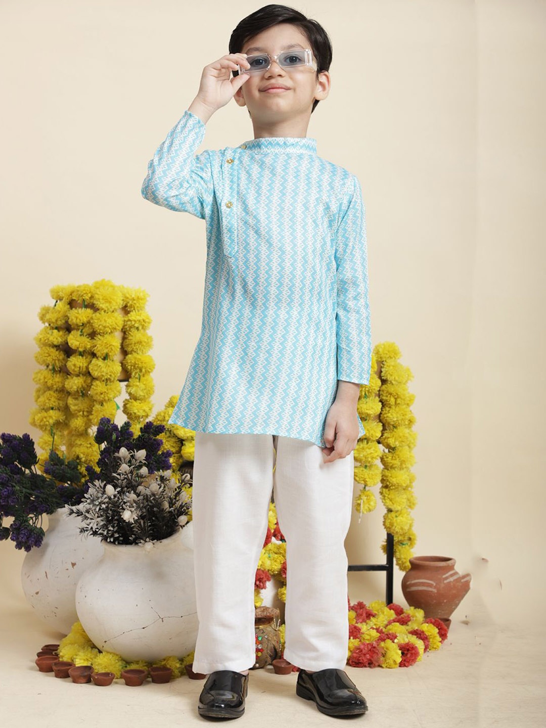 

Cutiekins Boys Geometric Printed Pure Cotton Kurta with Pyjamas, Blue