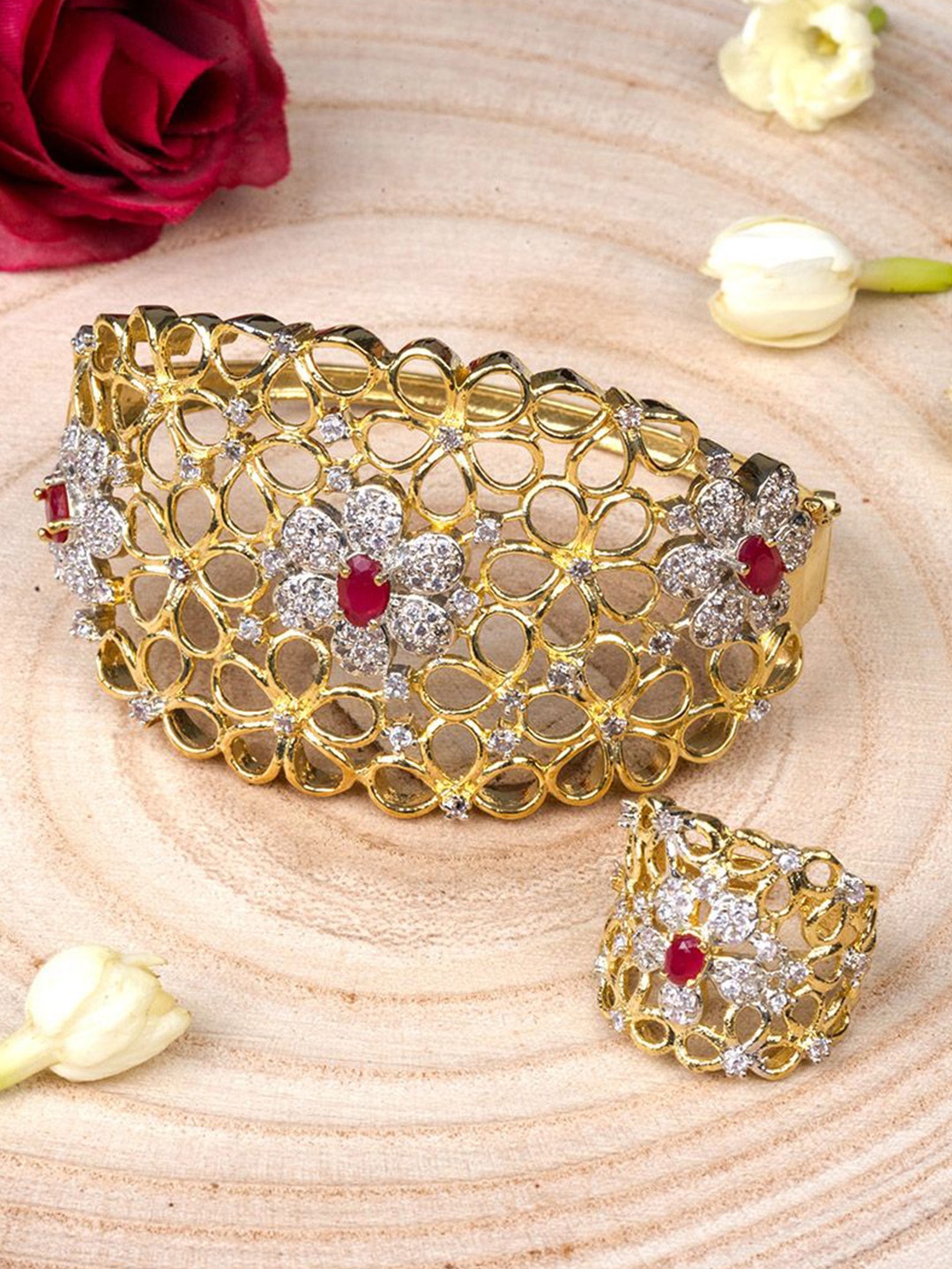 

Mirraw Gold-Plated American Diamond Studded Petal Flower Bracelet and Ring
