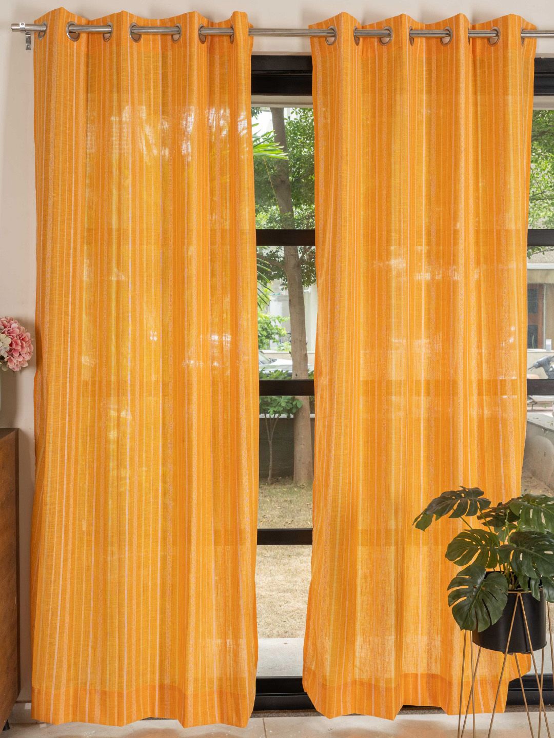 

URBAN SPACE Yellow & White 2 Pieces Striped Sheer Long Door Curtains