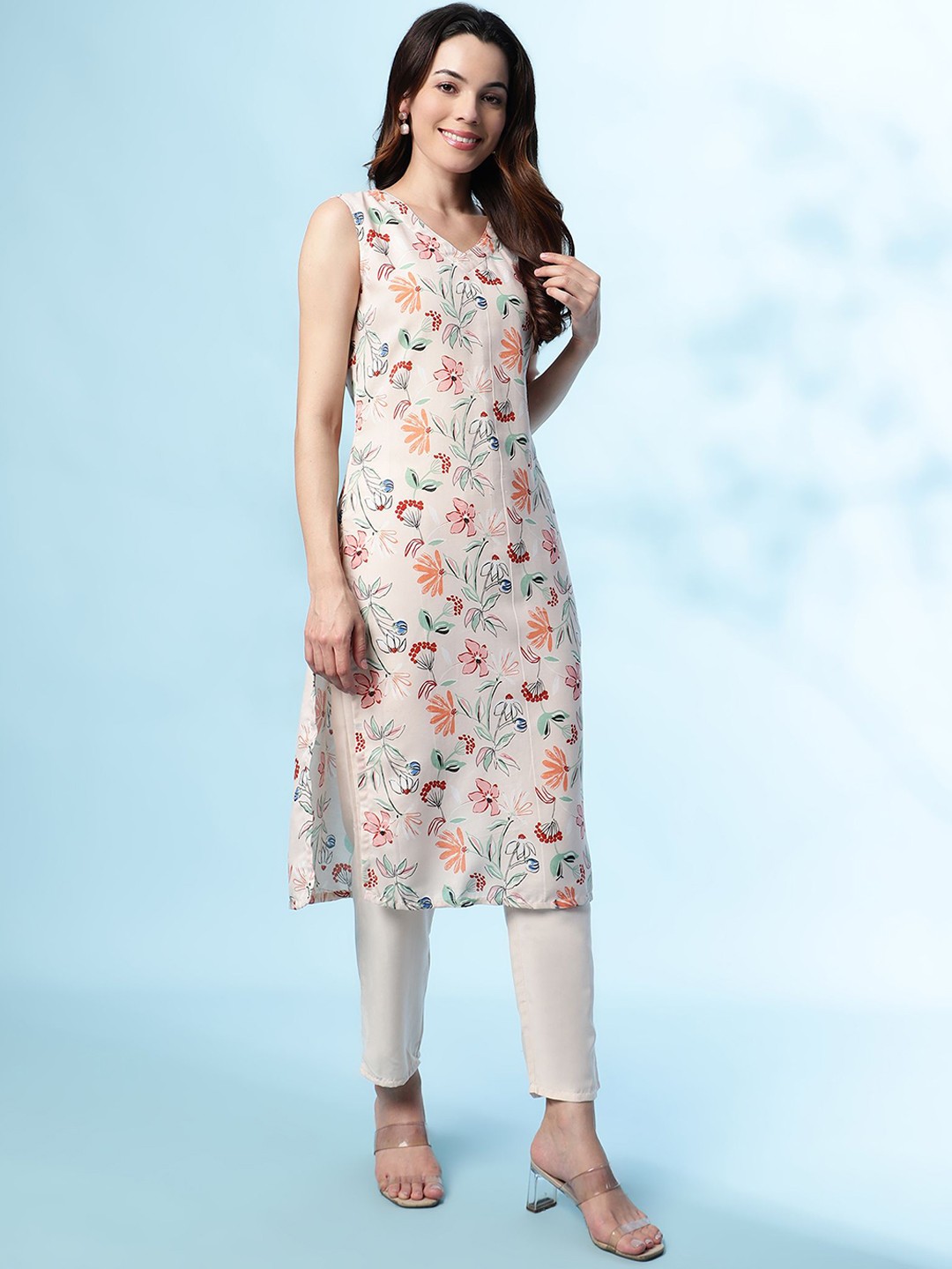 

V TRADITION Floral Printed V-Neck Pure Cotton Straight Kurta with Trousers, White