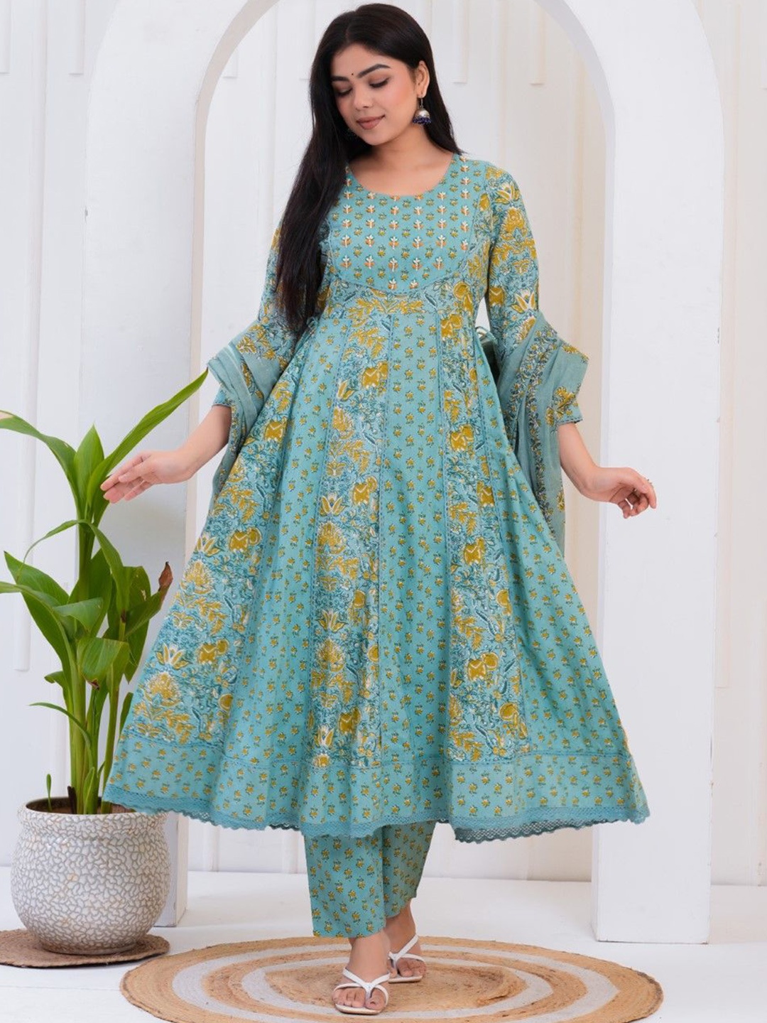 

SAK JAIPUR Floral Embroidered Pure Cotton Beaded Anarkali Kurta With Trousers & Dupatta, Blue