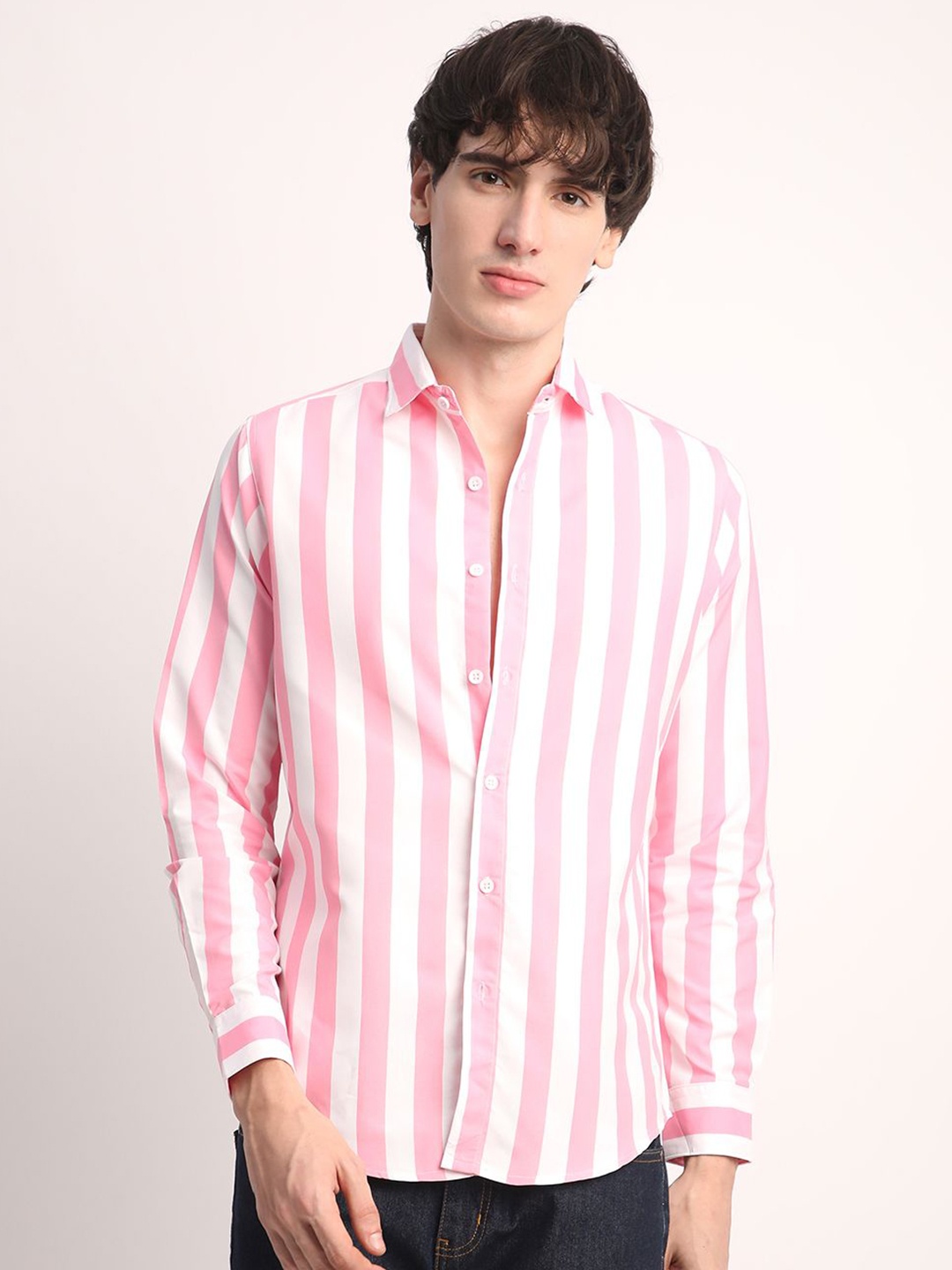 

Voroxy Men Premium Spread Collar Vertical Striped Cotton Casual Shirt, Pink