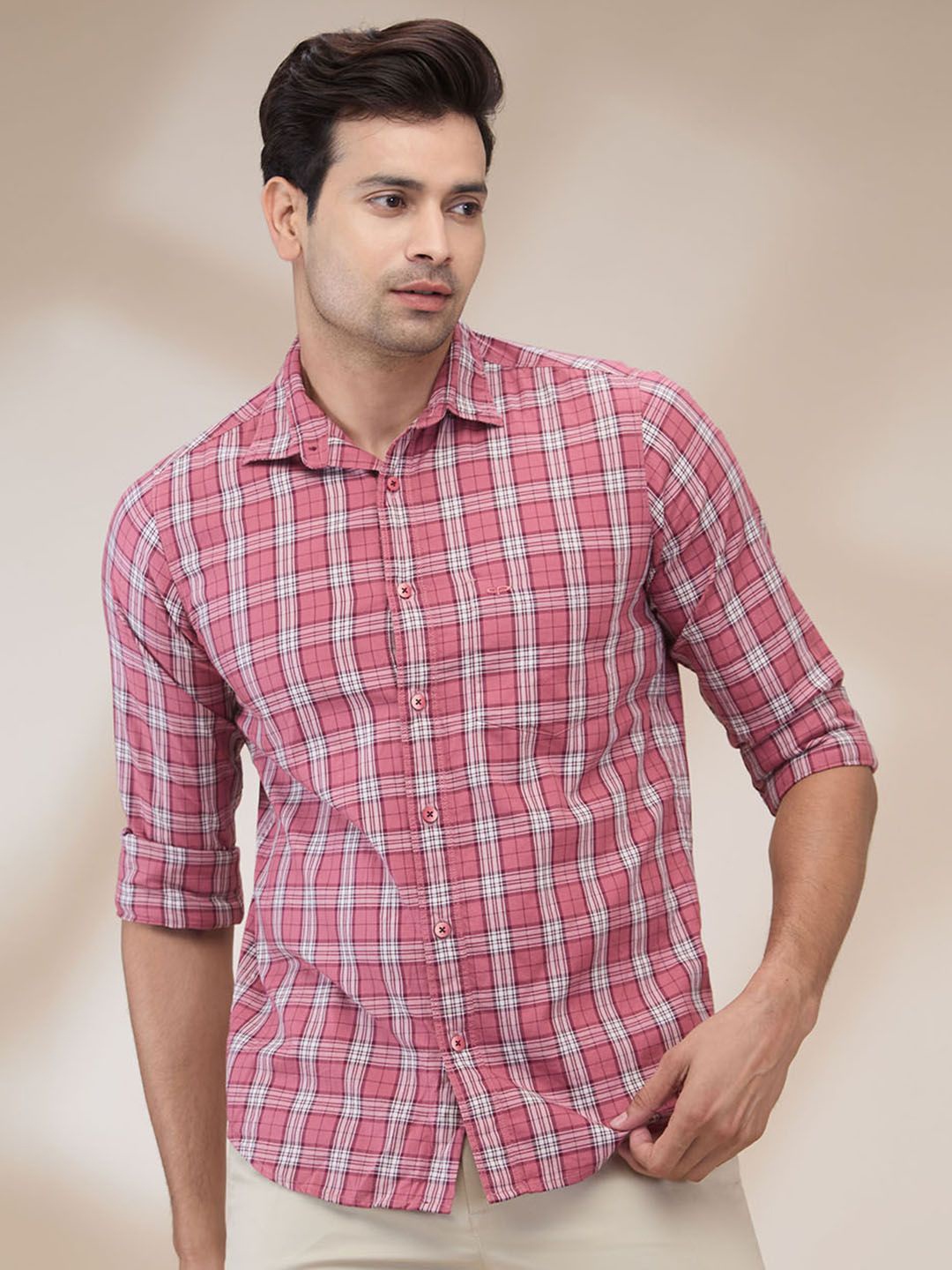 

ColorPlus Men Spread Collar Tartan Checked Cotton Casual Shirt, Red