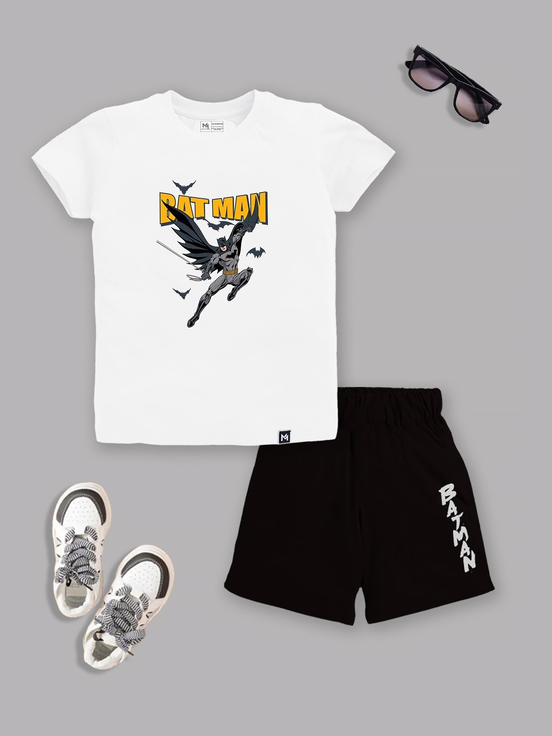 

YK X Minute Mirth Infants Boys Batman Printed T-shirt with Shorts, White