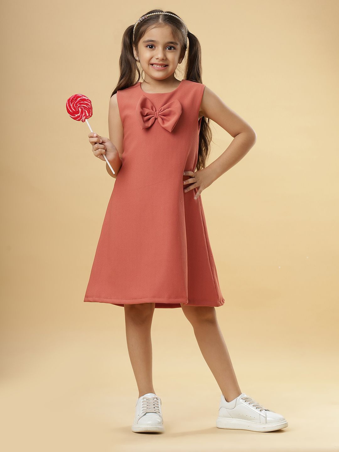 

TeenTrums Girls Solid Bow Detailed A-Line Dress, Orange