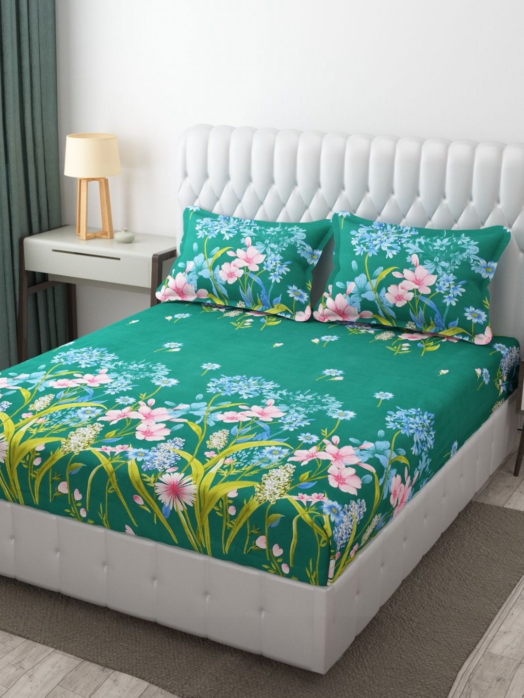 

AaHo Decor Green & Pink Floral 300 TC Double King Fitted Bedsheet with 2 Pillow Covers