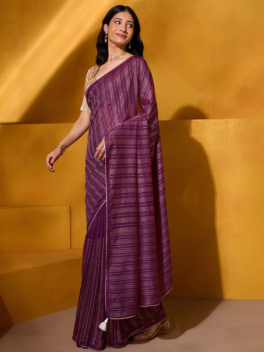 

Taneira Striped Embroidered Saree With Blouse Piece, Pink