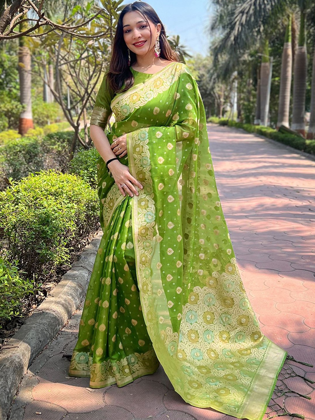 

Panzora Floral Woven Design Zari Organza Saree, Green