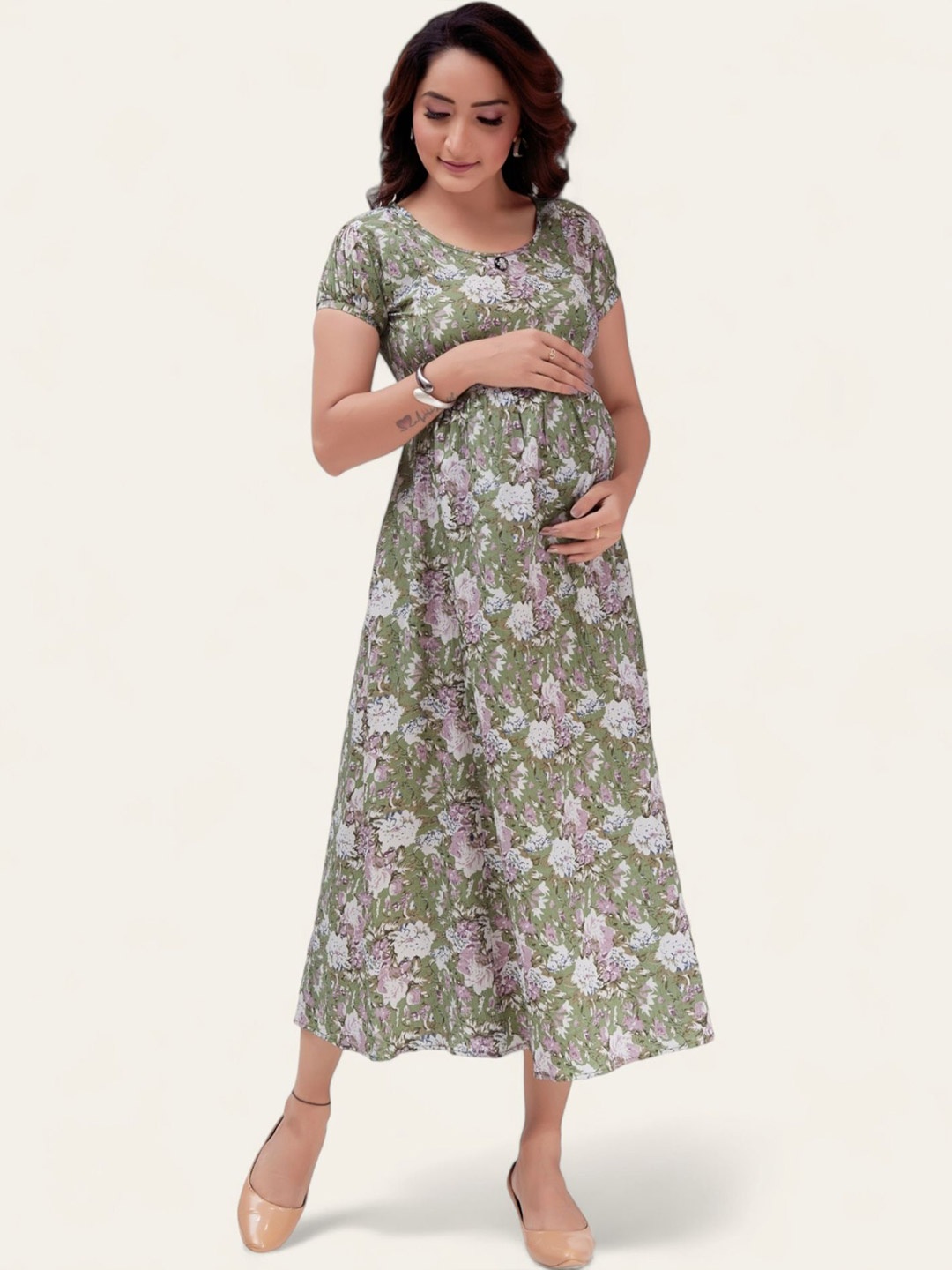 

RITIJYA Women Floral Print Maternity Fit & Flare Maxi Dress, Green