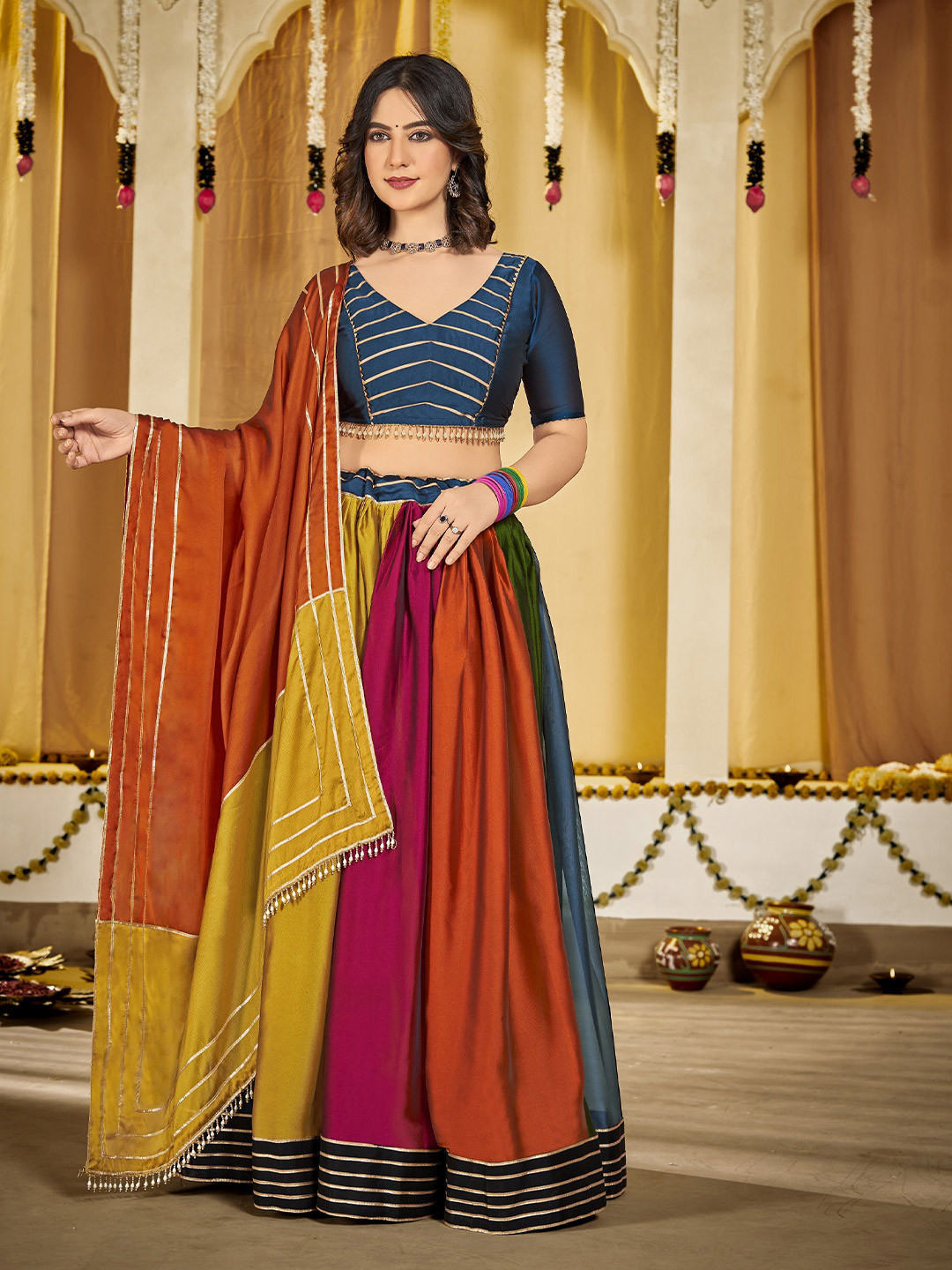 

KALINI Embroidered Thread Work Semi-Stitched Lehenga & Unstitched Blouse With Dupatta, Green