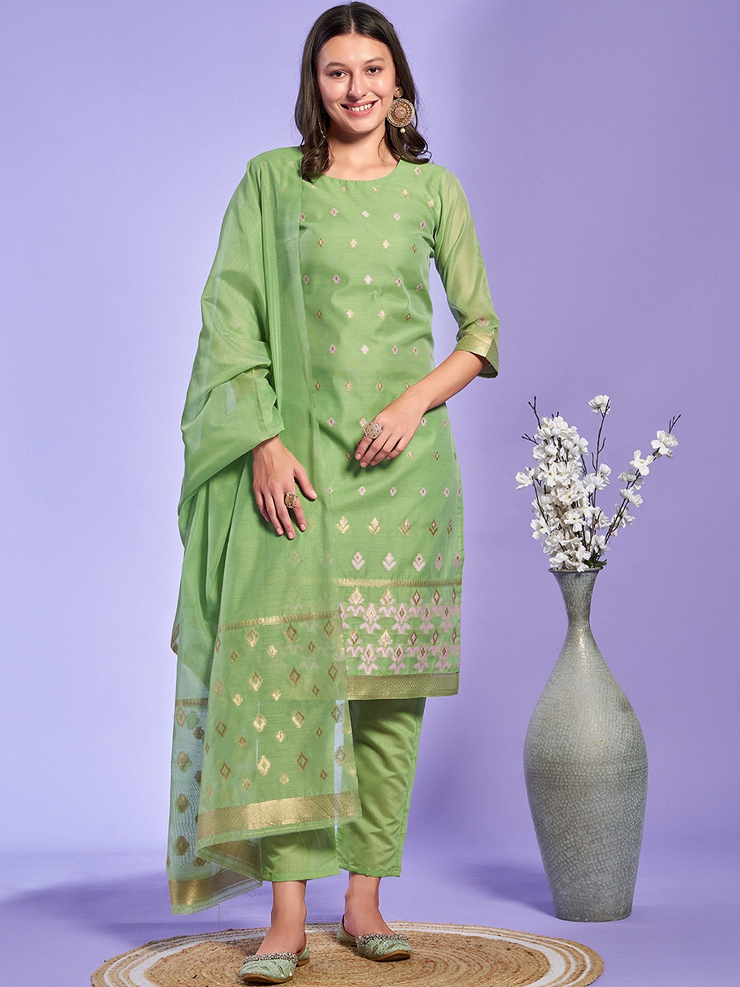 

KALINI Woven Design Ethnic Motifs Regular Straight Kurta with Trousers & Dupatta, Green