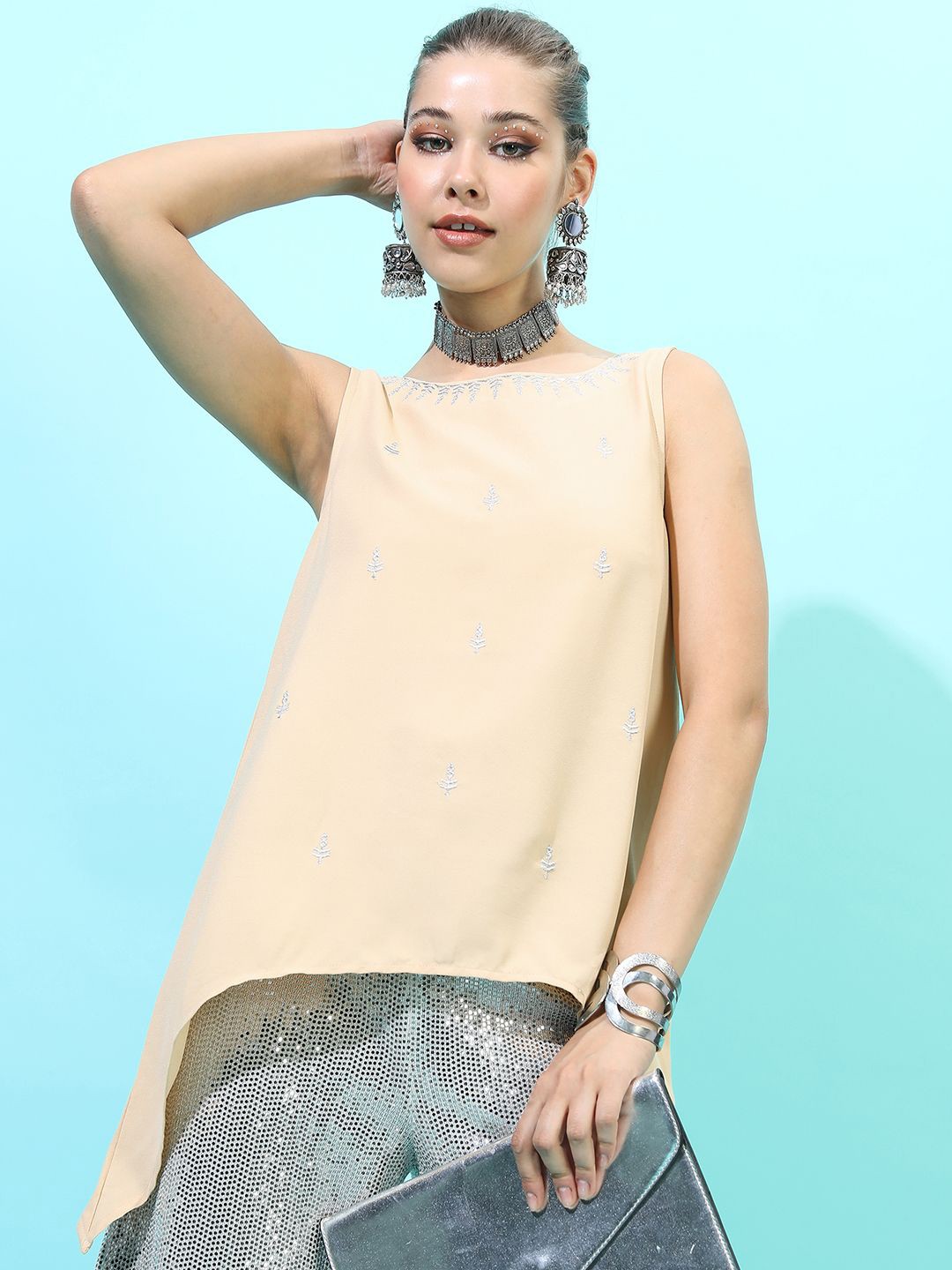 

Vishudh Women Self Design Round Neck Top, Beige