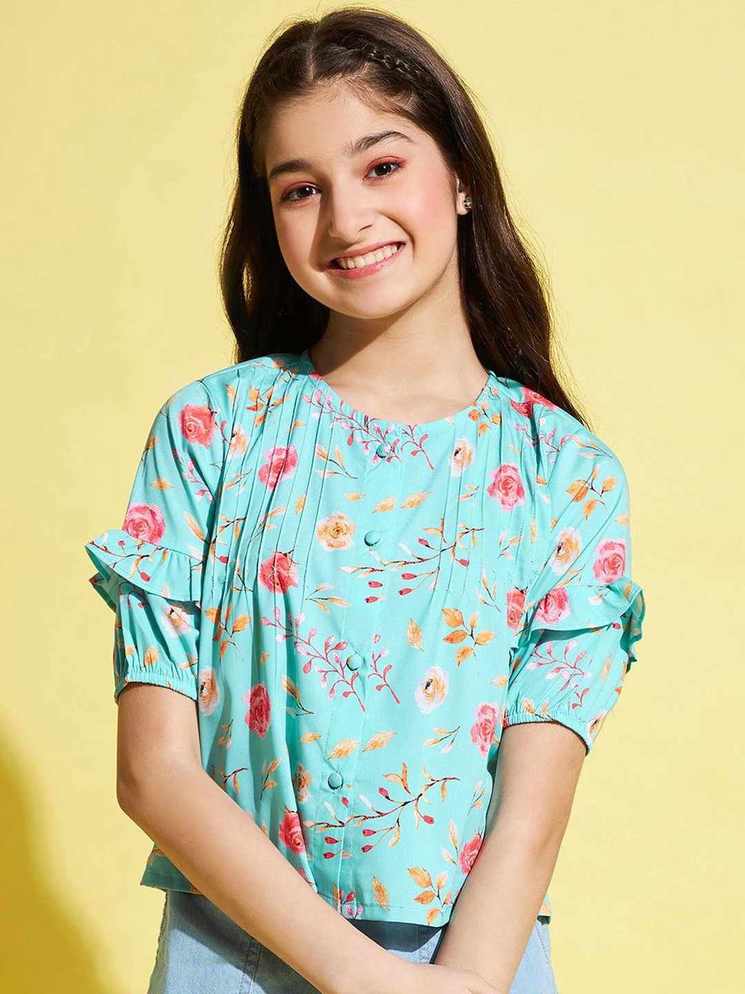 

Stylo Bug Girls Floral Printed Round Neck Cotton Top, Blue