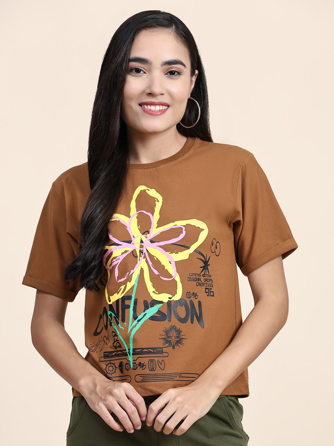 

AECK Women Graphic Printed Round Neck Relaxed Fit T-shirt, Tan