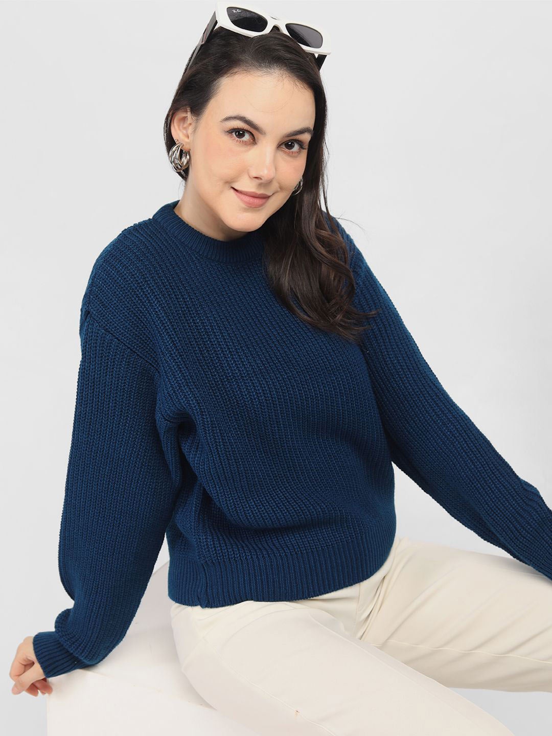 

CHKOKKO Women Cable Knit Woollen Long Sleeves Pullover, Navy blue