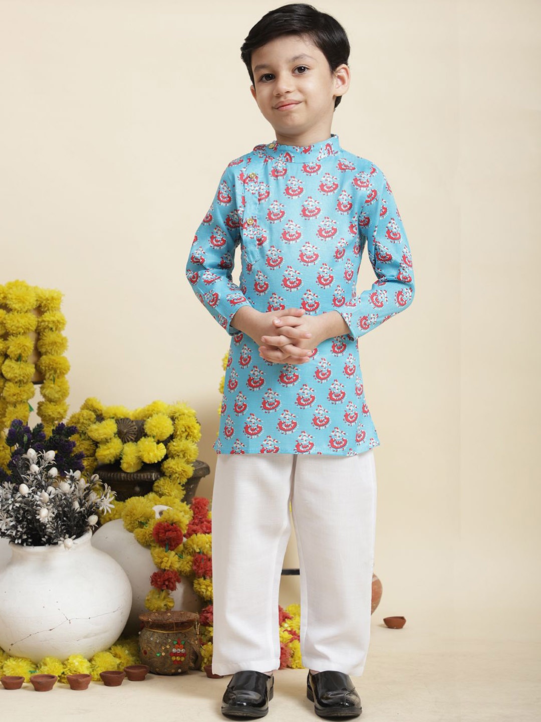 

Cutiekins Boys Ethnic Motifs Printed Pure Cotton Kurta with Pyjamas, Blue