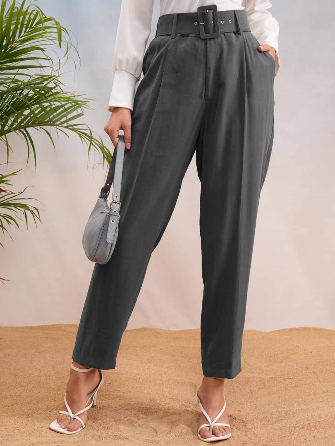 

CHIC BY TOKYO TALKIES Women Straight Fit Trousers, Charcoal