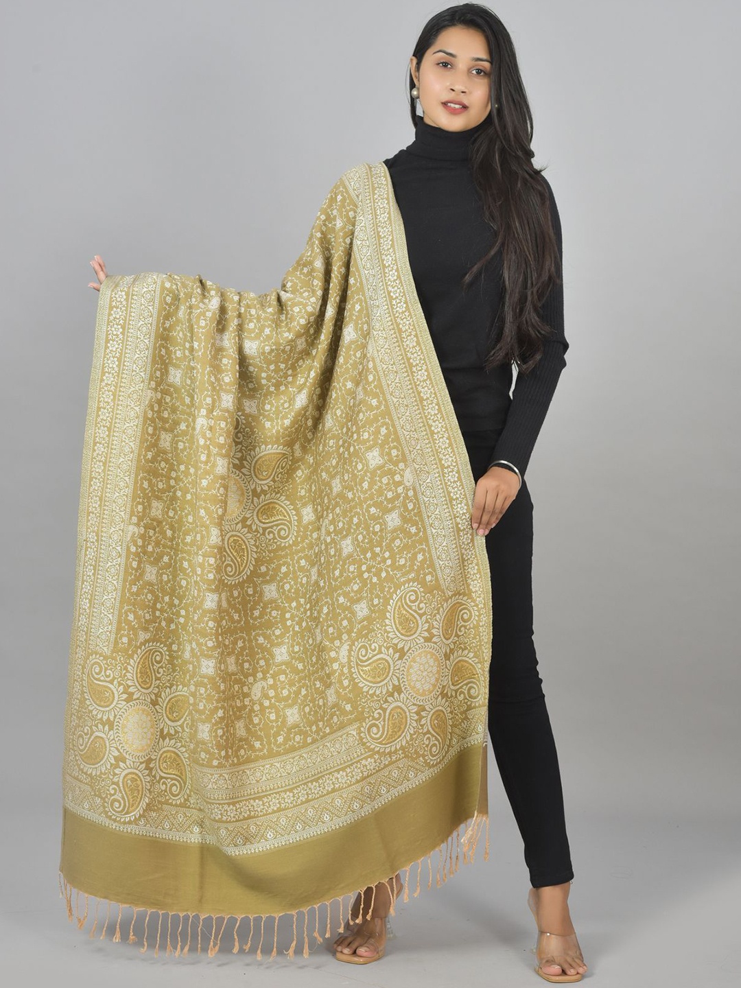 

BAISA Women Paisley Woven Design Zari Woolen Shawl, Khaki