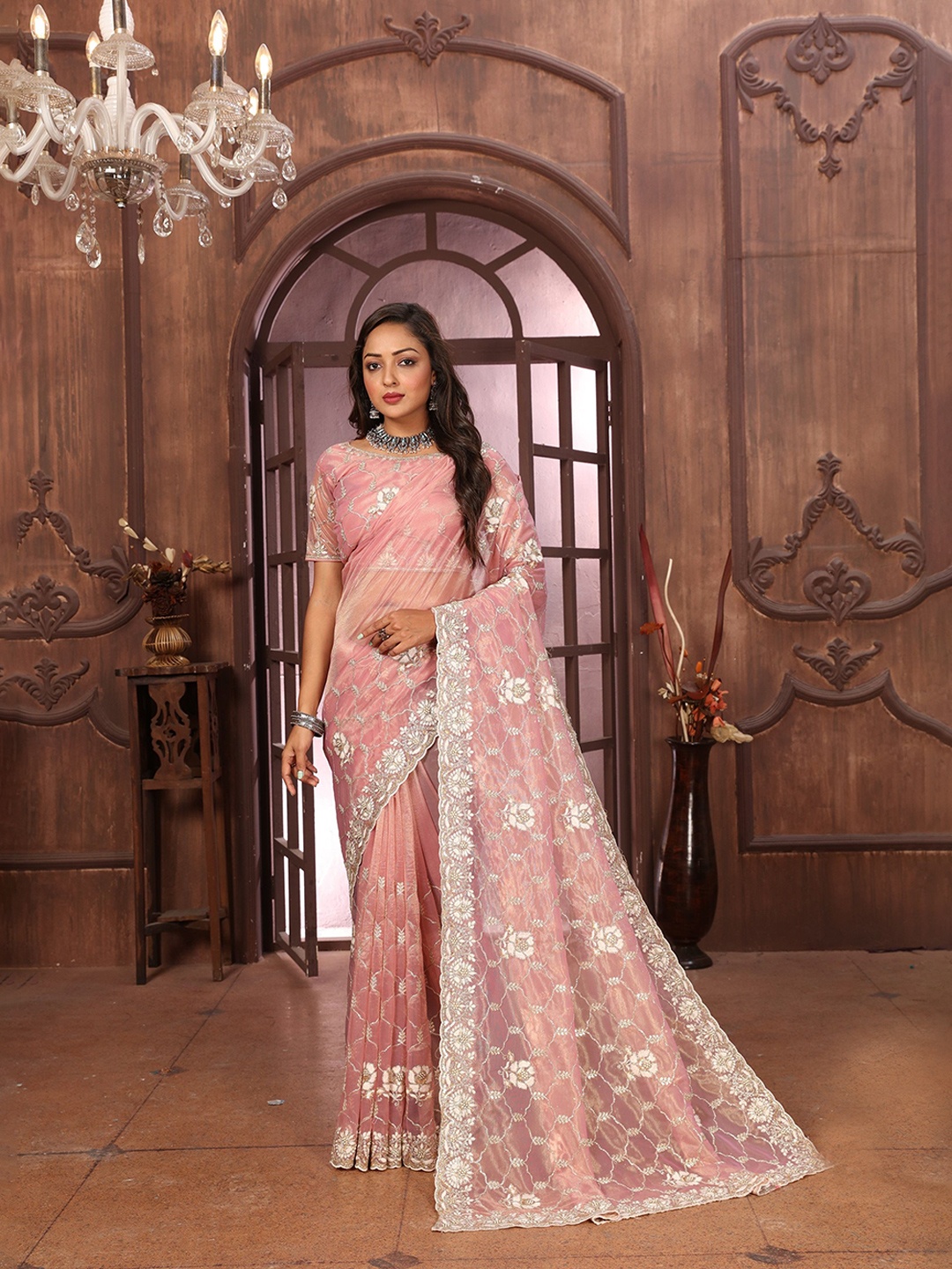 

Arron Creats Embellished Embroidered Net Heavy Work Saree, Pink