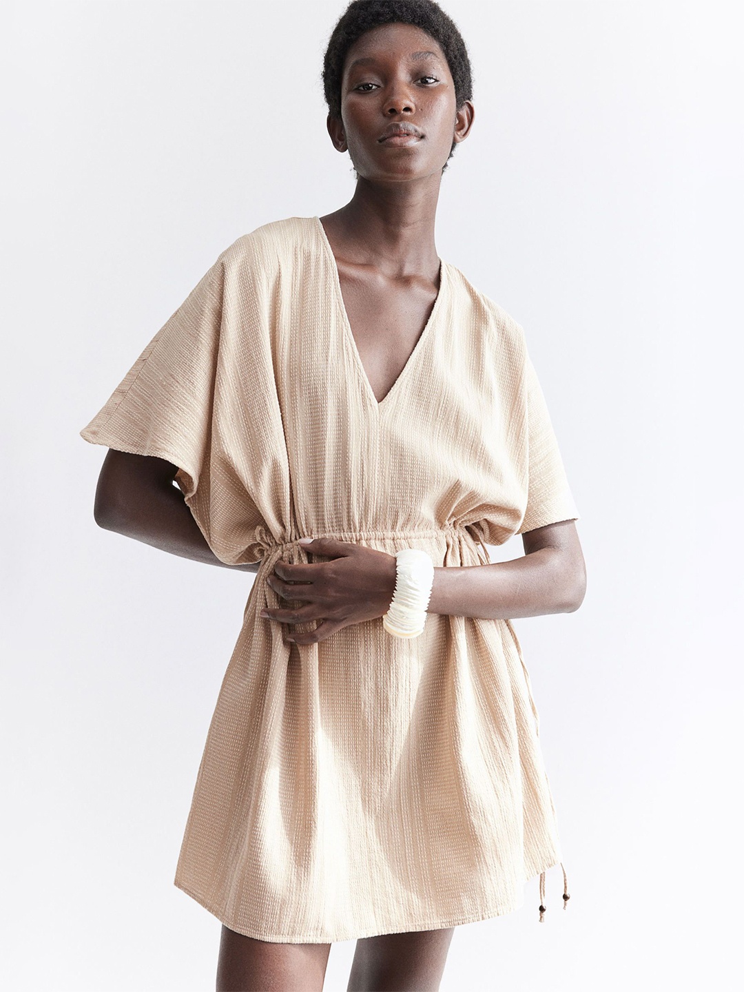 

H&M Self Design Pure Cotton A-Line Drawstring Dress, Beige