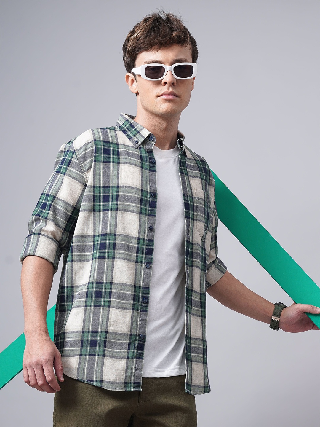 

British Club Men Standard Button-Down Collar Tartan Checked Cotton Casual Shirt, Green