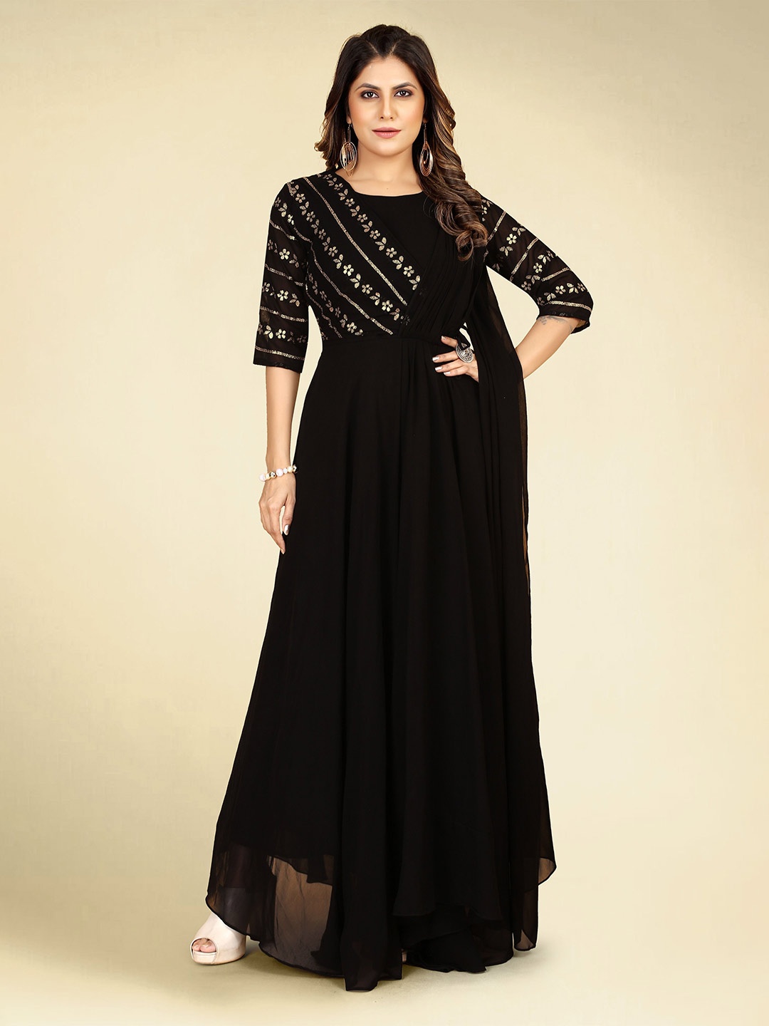 

ROZLAND Women Floral Georgette A-Line Maxi Dress, Black