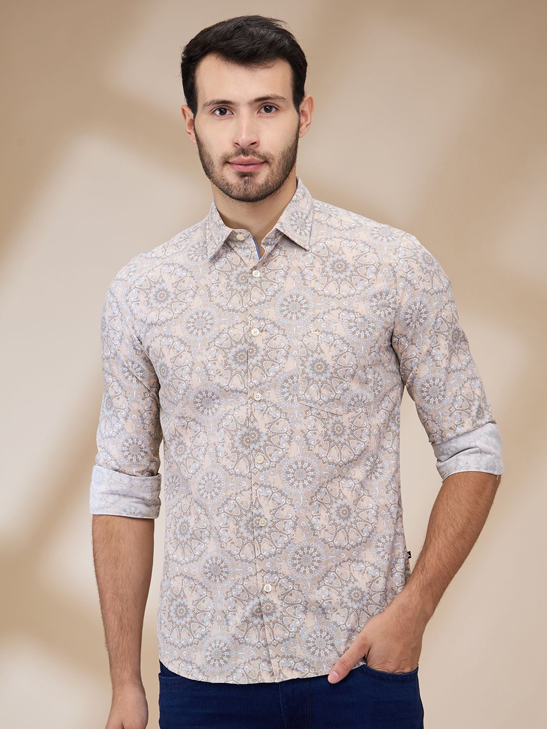 

Parx Men Spread Collar Ethnic Motifs Printed Cotton Slim Fit Casual Shirt, Brown