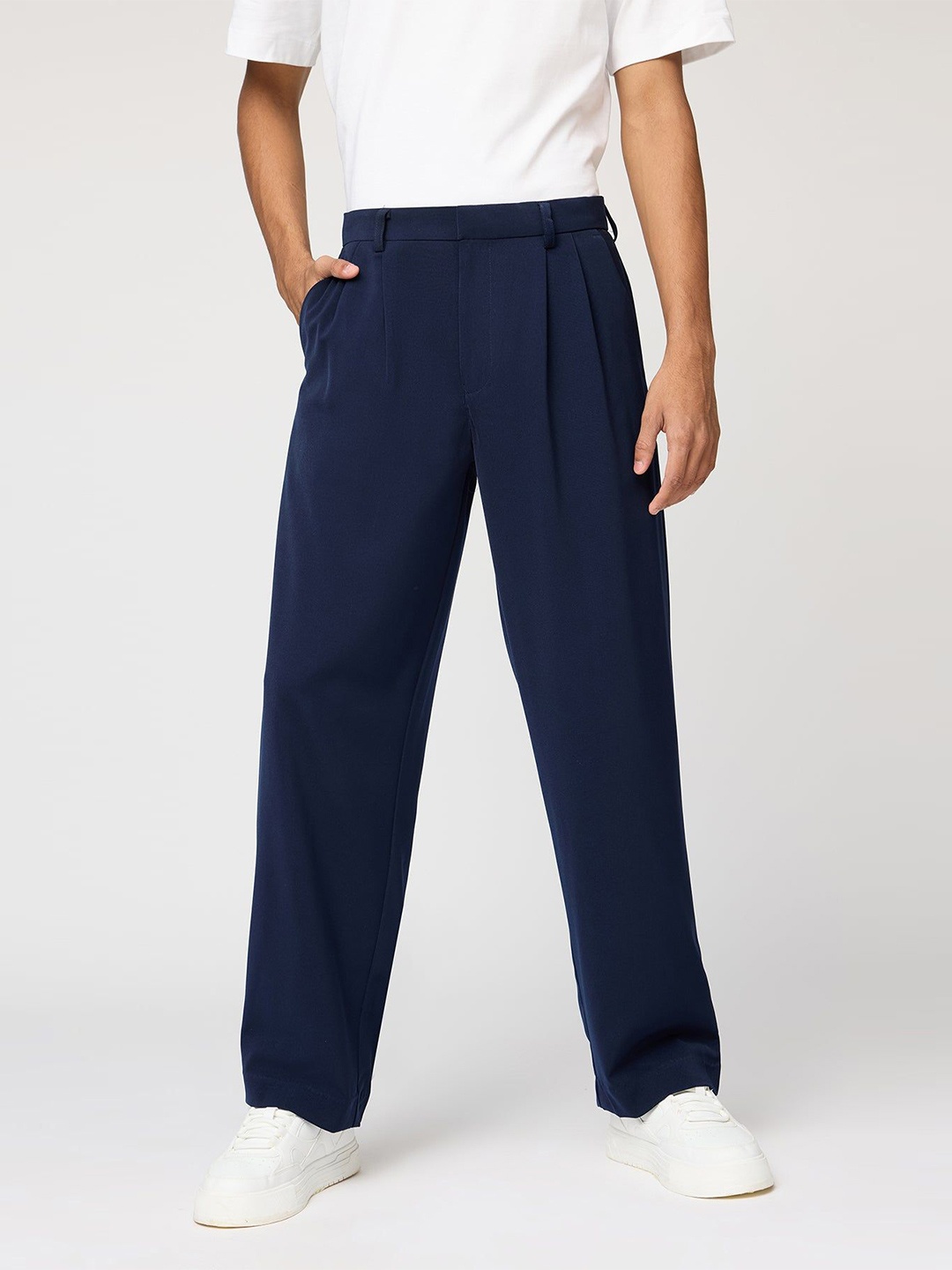 

FREAKINS Twilight Blue Men High-Rise Pleated Korean Pants Trousers, Navy blue