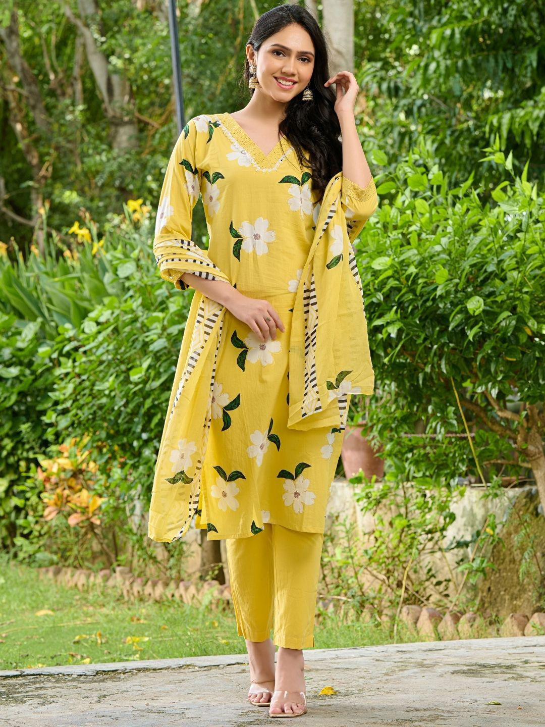 

PRETTY PALLU Floral Printed Sequinned Pure Cotton Kurta with Trousers & Dupatta, Yellow