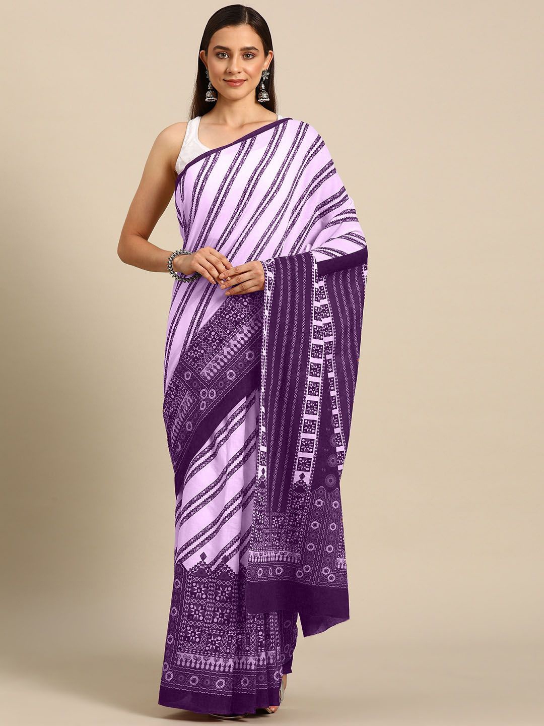 

BUTA BUTI Ethnic Motifs Printed Pure Cotton Sarees, Lavender