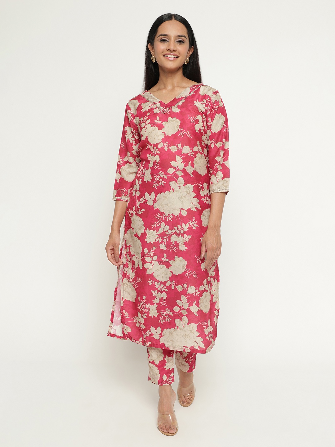 

AURIELLA Floral Printed Regular Kurta with Trousers, Pink