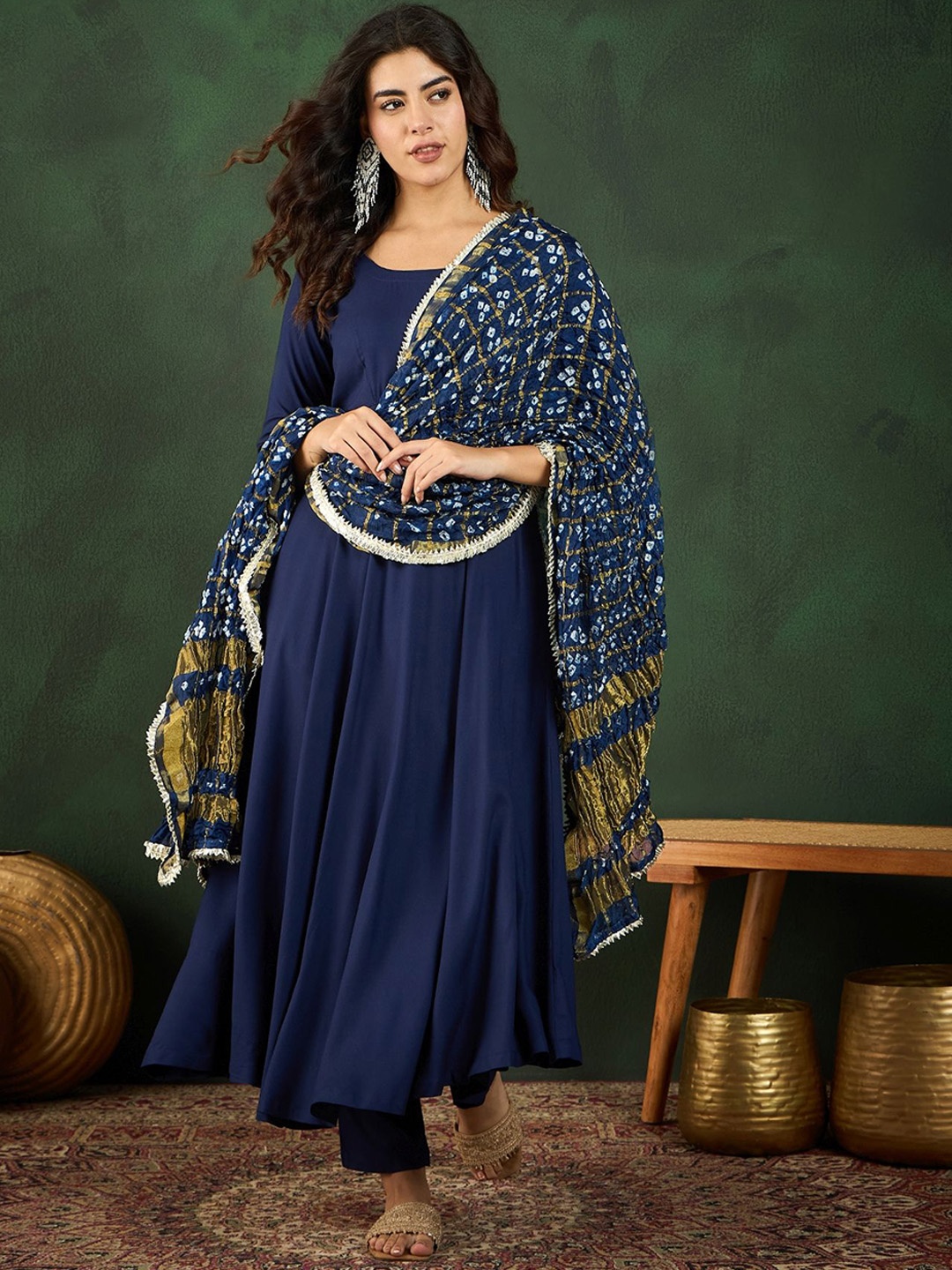 

Sangria Navy Blue Anarkali Kurta With Trousers & Bandhani Dupatta