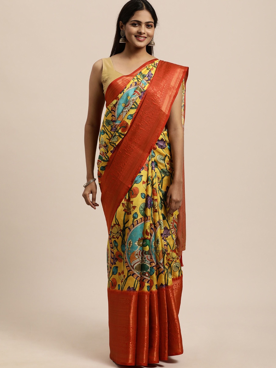 

Zeekha Kalamkari Printed Zari Woven Design Pure Silk Kanjeevaram Saree, Yellow