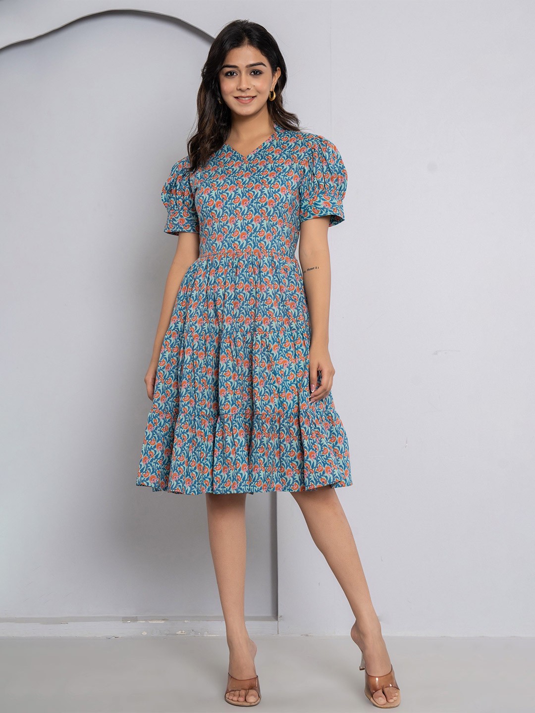 

JAIPURI BUNAAI Cotton Floral Printed Puff Sleeve Applique Drop-Waist Dress, Turquoise blue