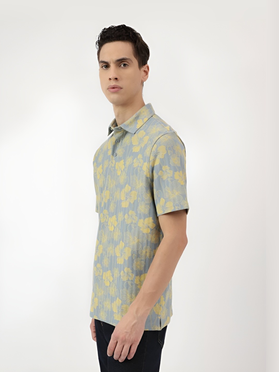 

Marks & Spencer Men Floral Printed Polo Collar Cotton T-shirt, Blue