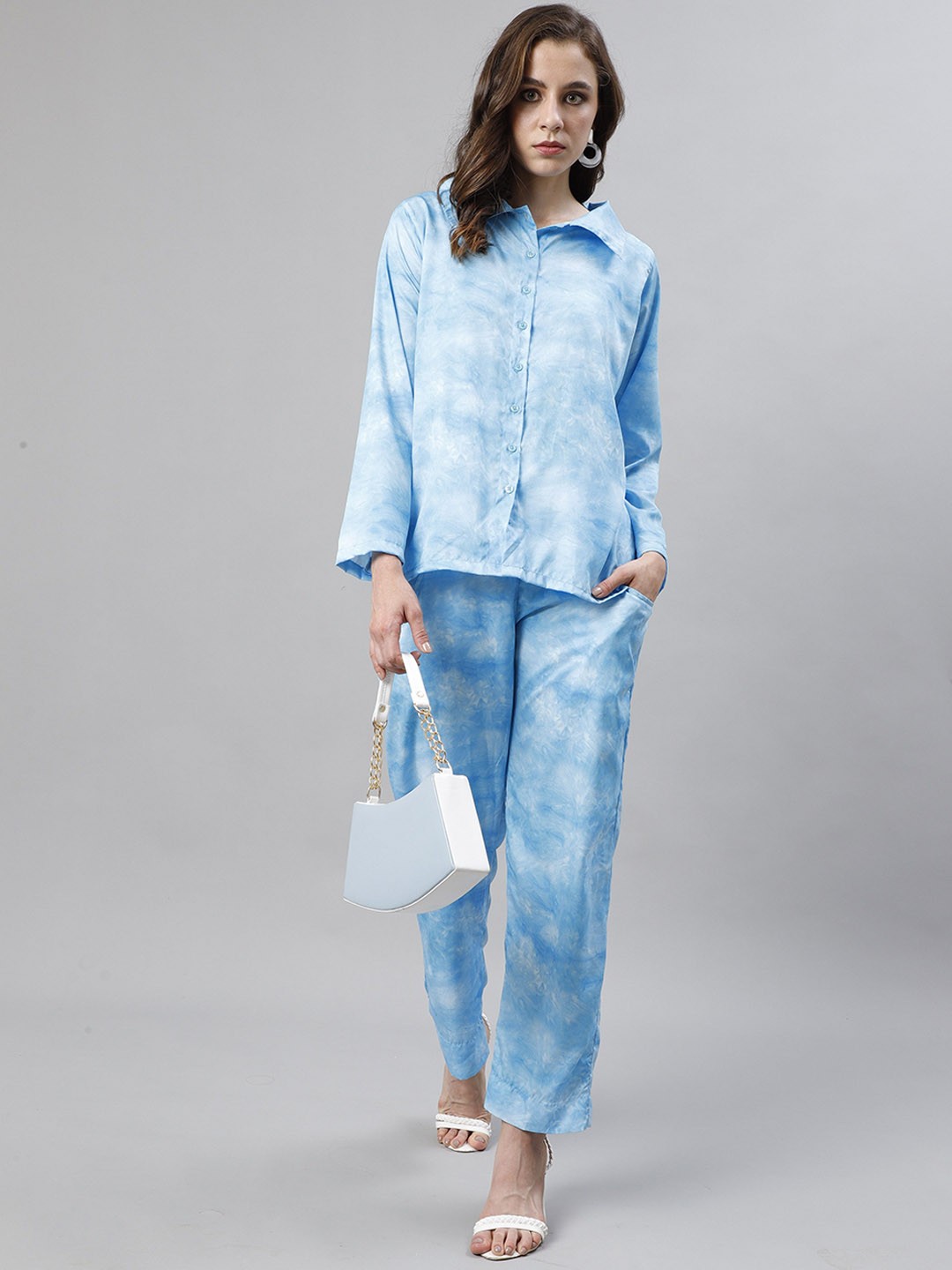 

VIRAGO Tie & Dyed Long Sleeves Shirt With Trousers, Blue