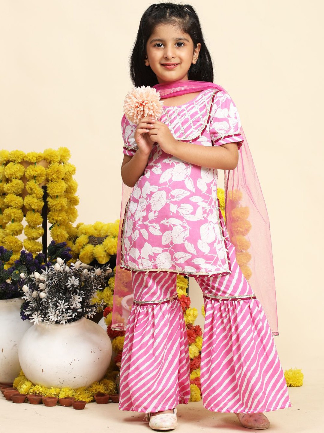 

Cutiekins Girls Floral Printed Straight Kurta With Sharara & Dupatta, Pink