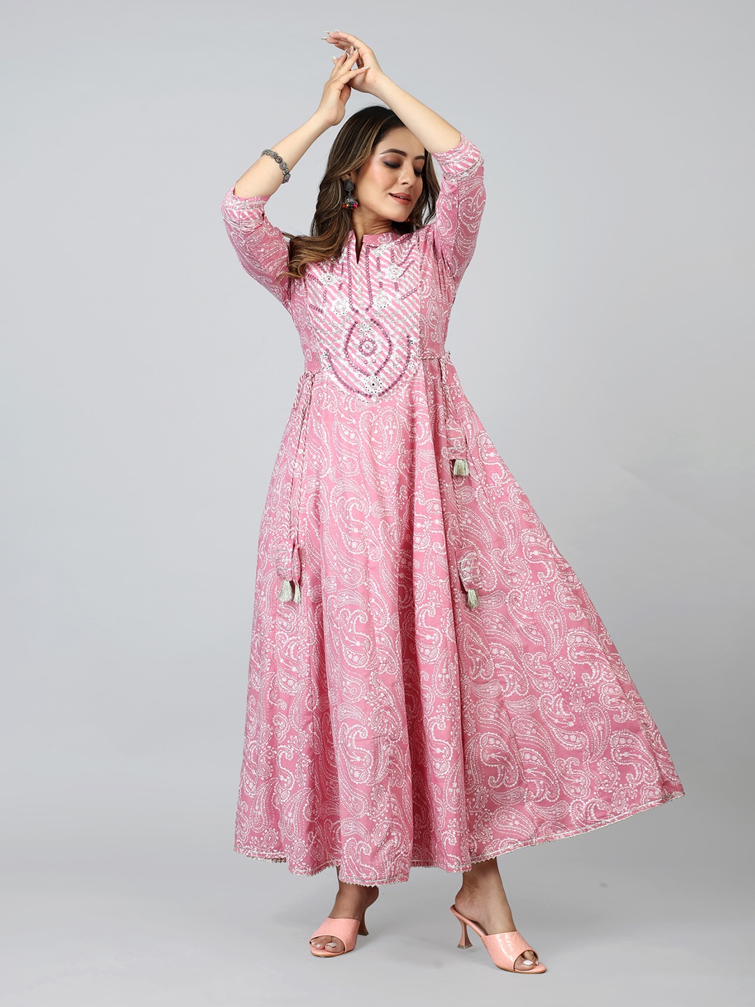 

SARRAS Ethnic Motifs Printed Mirror Work Mandarin Collar Cotton Anarkali Kurta, Pink