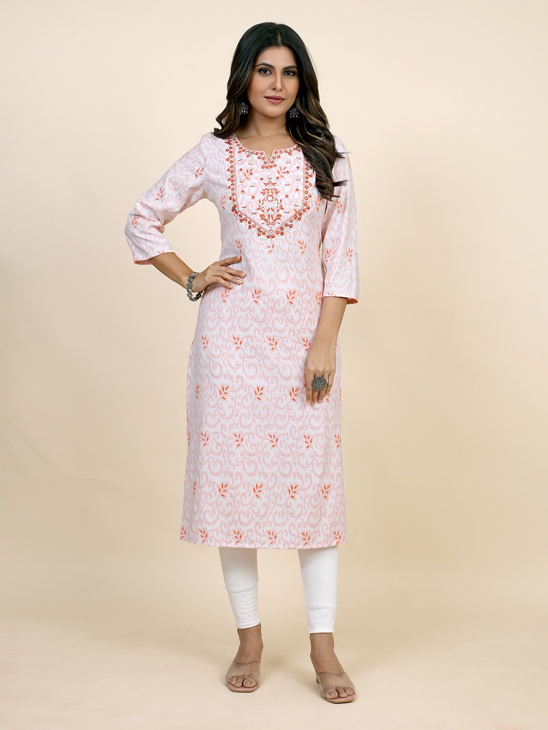 

SARRAS Floral Printed Thread Work Round Neck Cotton Straight Kurta, Orange