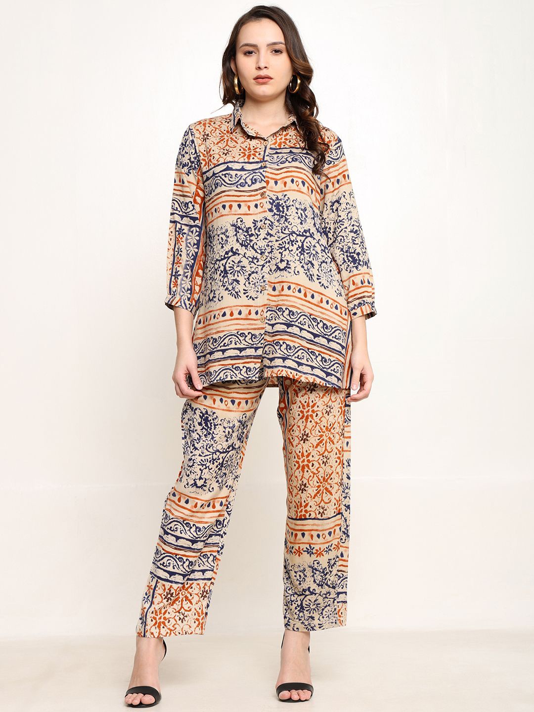 

CORDSET Printed Cotton Shirt With Trousers Co-Ords, Beige
