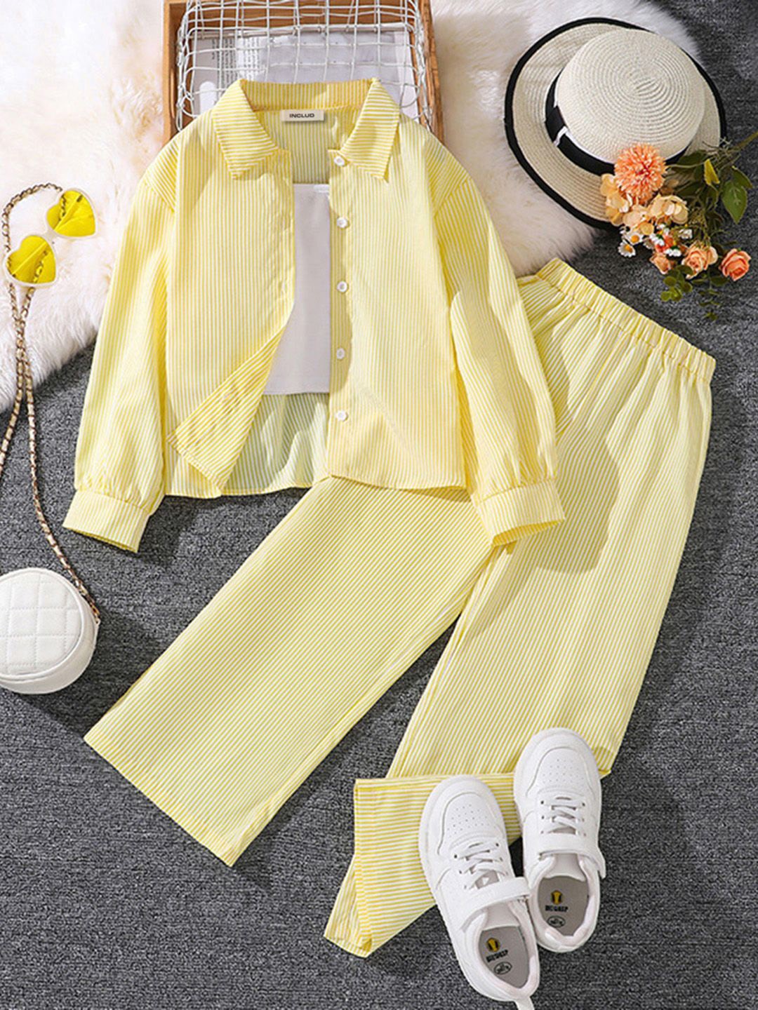 

INCLUD Girls Striped Shirt Collar Neck Long Sleeves Cotton Blend Shirt With Palazzo, Yellow