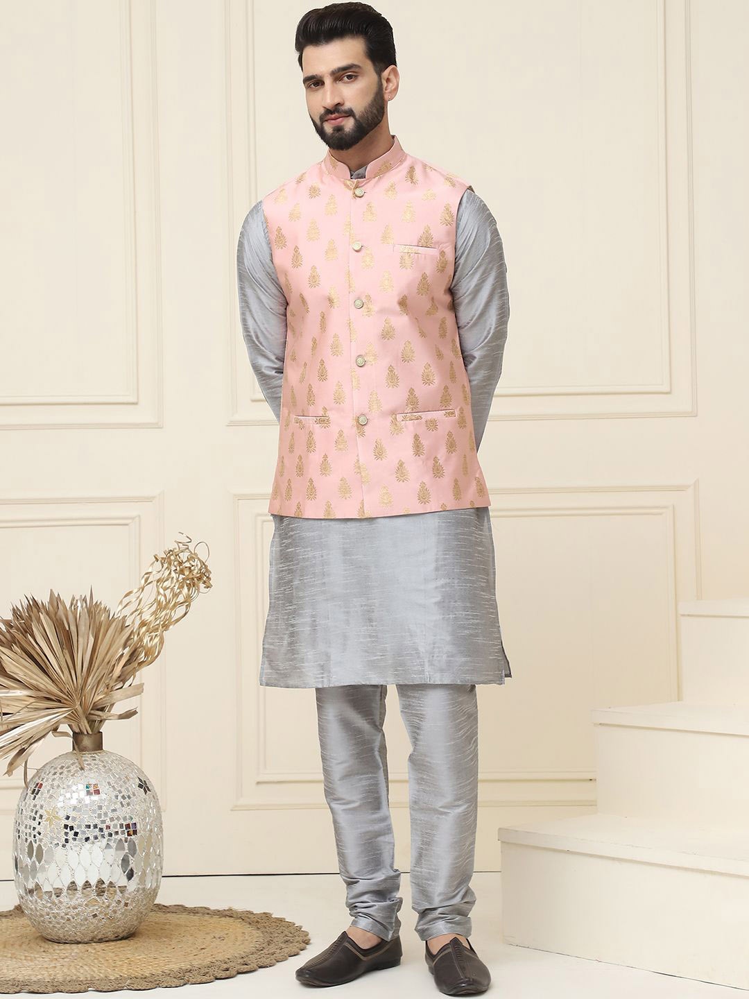 

SOJANYA Mandarin Collar Silk Cotton Straight Kurta with Churidar & Nehru jacket, Grey
