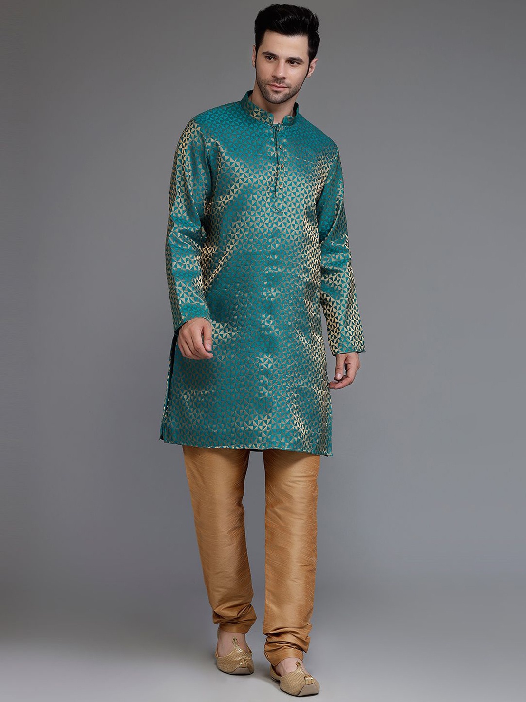 

Utsav Fashion Geometric Woven Design Mandarin Collar Zari Kurta With Churidar, Teal