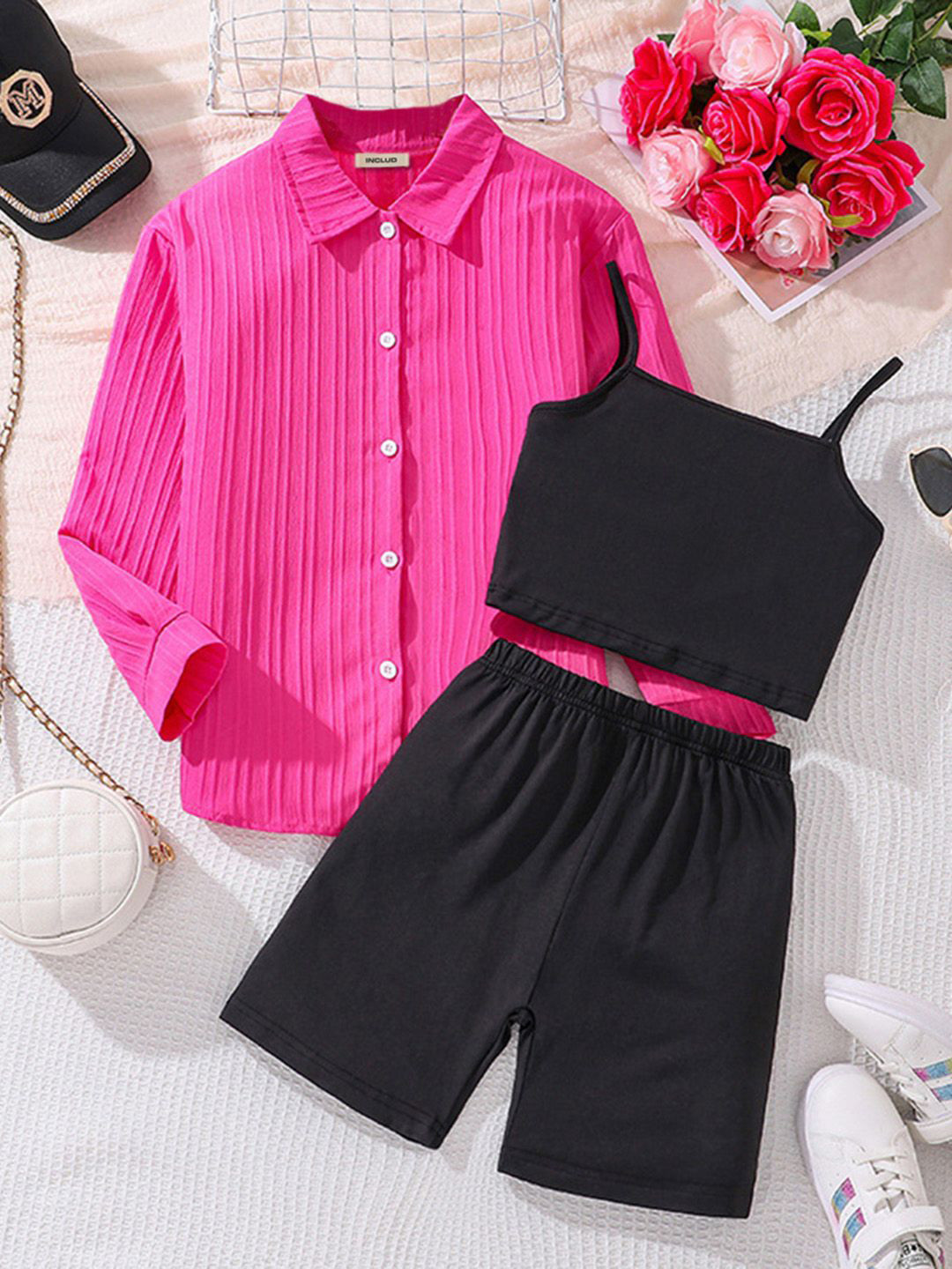 

INCLUD Girls Self Design Shirt With Camisole Top & Shorts, Pink