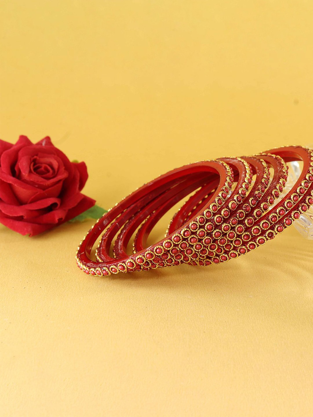 

ZULKA Set Of 12 Moti Pearls Work Glass Bangles, Red