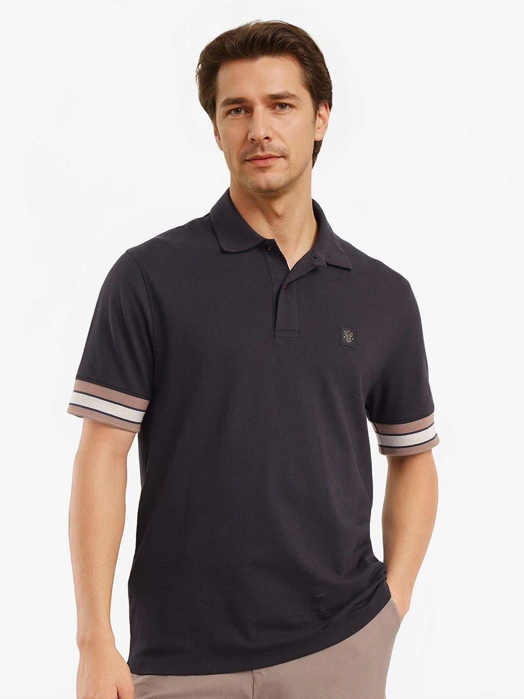 

RARE RABBIT Men Solid Polo Collar Cotton T-shirt, Black