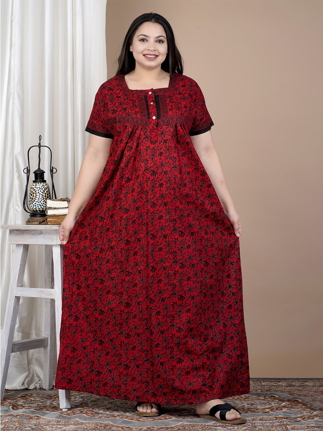 

SP DESIGNS Floral Printed Pure Cotton Maxi Nightdress, Red