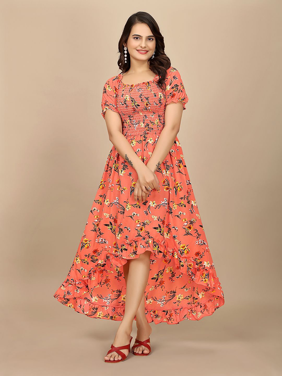 

BAESD Floral Printed Off-Shoulder Puff Sleeve Crepe Maxi Dress, Orange