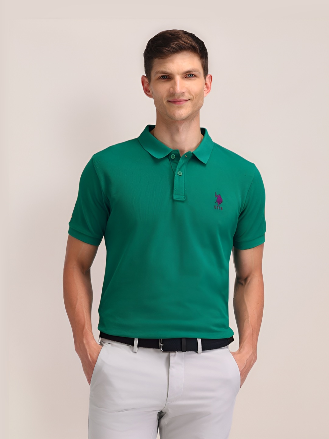

U.S. Polo Assn. Men Brand Logo Polo Collar Slim Fit Cotton T-shirt, Green