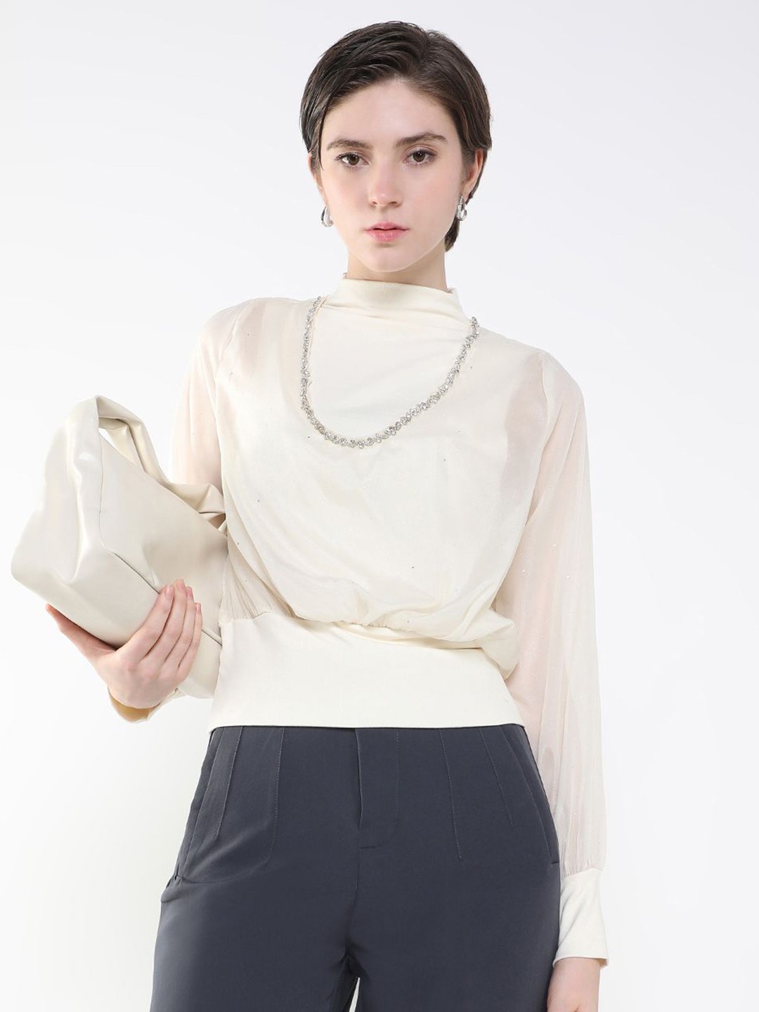 

SHOWOFF Women Solid High Neck Acrylic Top, Cream